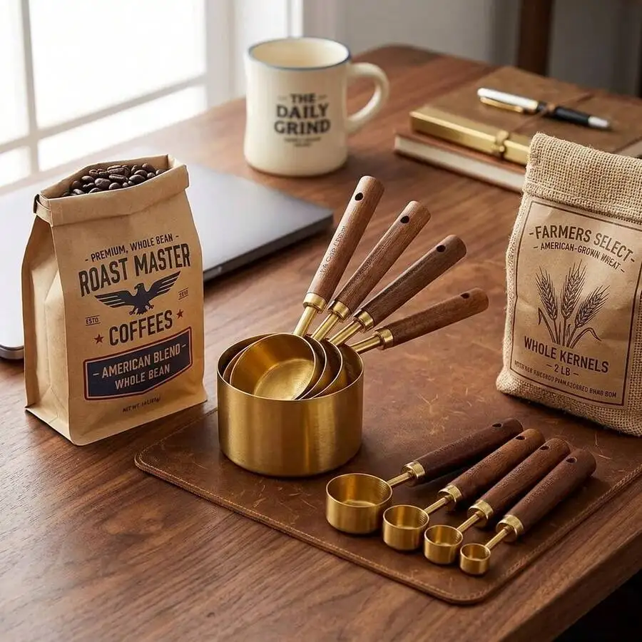 8 Pcs Measuring Cup & Spoon Kit, Complete Capacity Range, Polished Stainless Steel + Wooden Handle, Metric & US Dual Measurement