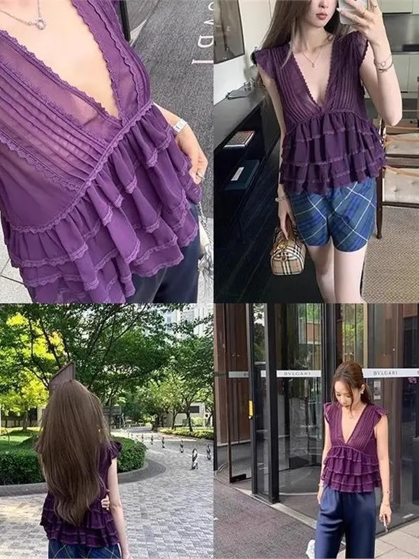 Romantico Puro Desiderio Estate Nuovo Bianco V-ne ort Lace Trim Fly Sve Top sexy Sottile da donna irt Coreano Sle Slim Fit