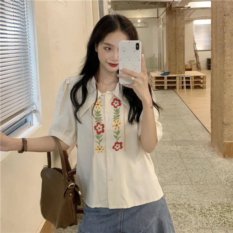 

Рубашка женская с цветочной вышивкой, универсальная модная классическая милая рубашка для отдыха для девочек в консервативном стиле Ulzzang, популярная элегантная винтажная рубашка для подростков