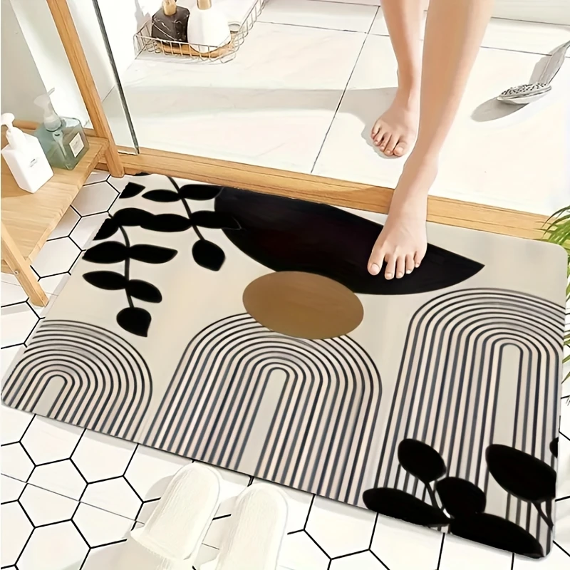 Black & White Botanical Arch Golden Circle Welcome Doormat, Modern Art‑style Floor Decor