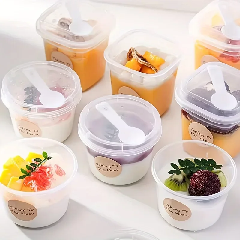 10sets 220ml 280ml Plastic Transparent Cups with Lid and Spoon for Pudding Dessert Reusable Food Packaging Cup for Icecream