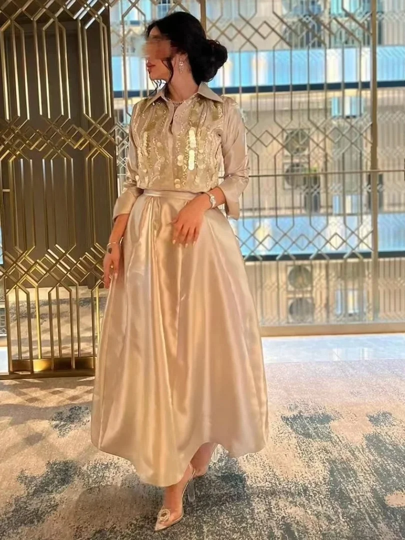 

Oisslec Ankle Length Prom Dresses Saudi Arabia Women Wear Sequins Long Sleeves Vestidos Para Eventos Especiales A Line Evening