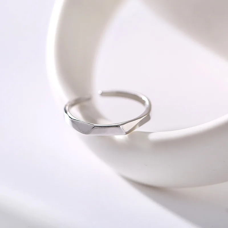 Minimalist Fashion Sterling Silver Adjustable Rhombic Couple Ring for Woman Girls Geometry Jewelry Accessories Gifts Colorfast