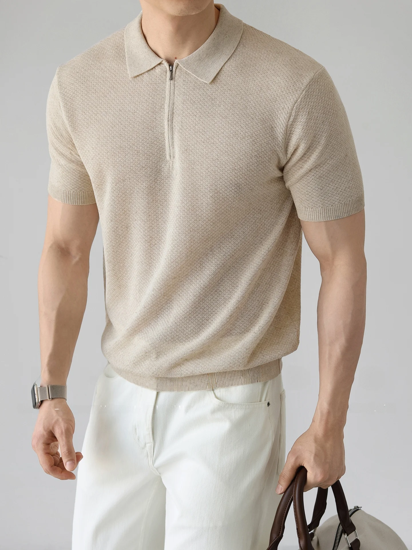 Lightweight Knitted Half Zip  Shirt Men's Summer Rayon Blend Short Sleeve T-Shirt Breathable Standard Fit Commute Style