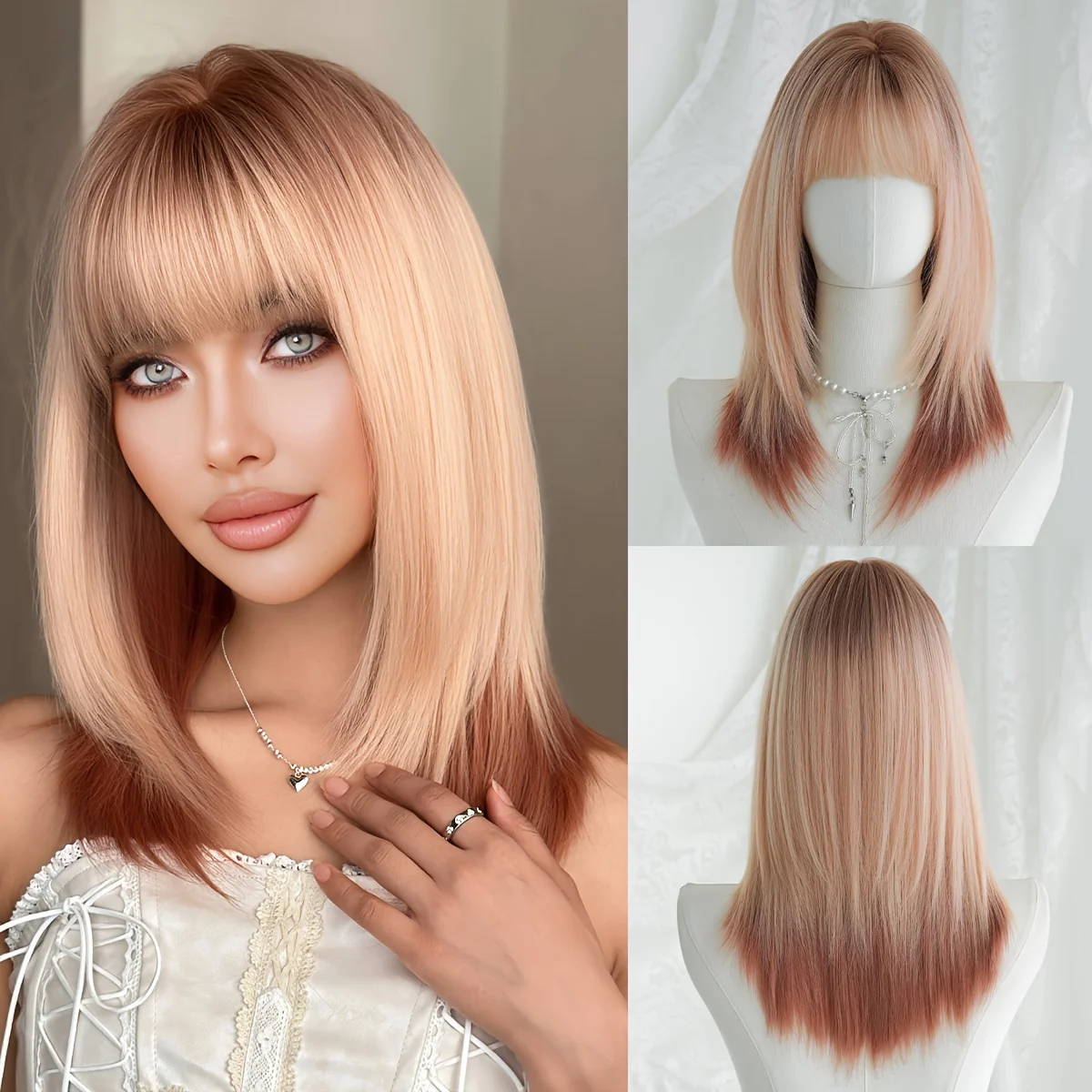 

Женский модный длинный прямой синтетический парик с градиентным переходом от розового к темным корням, подходит для мероприятий и повседневной носки.