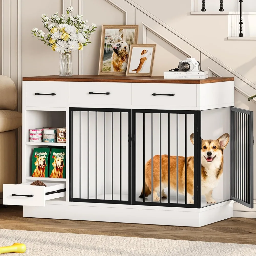 

Masterpiece Large Dog Crate Furniture, 47.2'' Dog Kennel Indoor With 3 Storage Drawers And Hidden Feeding Bowl, Sturdy Wooden D