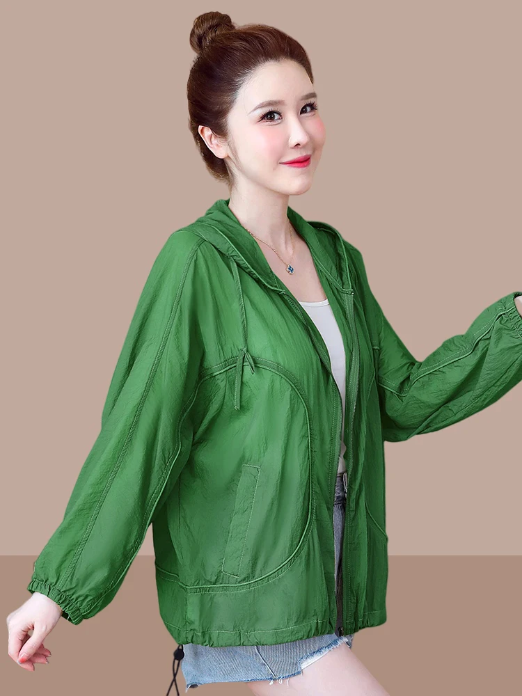 

plus Size Women's Hooded Sun Protection Clothing Long Sleeve Breathable Loose Outerwear Comfortable Summer Korean Style Top