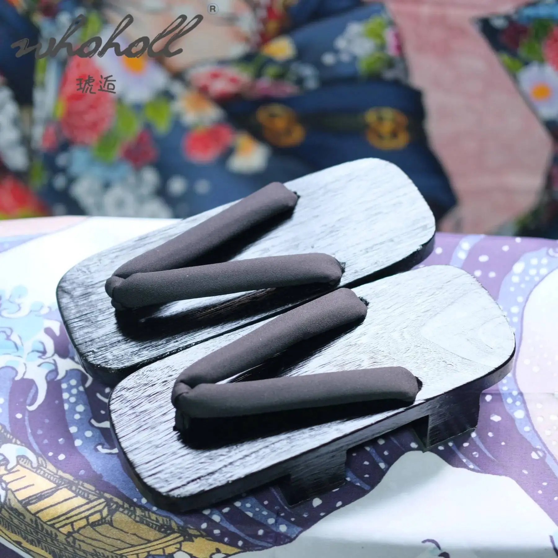 Chanclas Geta de madera japonesas de dos dientes con pintura negra Unisex, zapatillas para hombre y mujer, zuecos de madera con plataforma gruesa de Anime Coplay