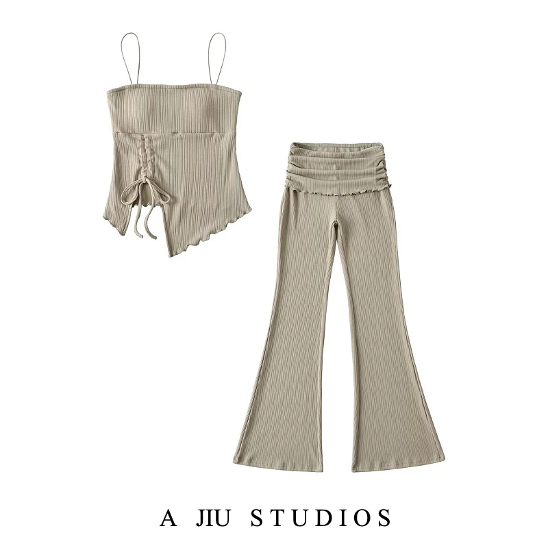 

Сексуальный асимметричный плиссированный жилет с открытыми плечами Pure Desire, расклешенные микроштаны для йоги и танцев, комплект из двух предметов, длинные брюки, лето 20л