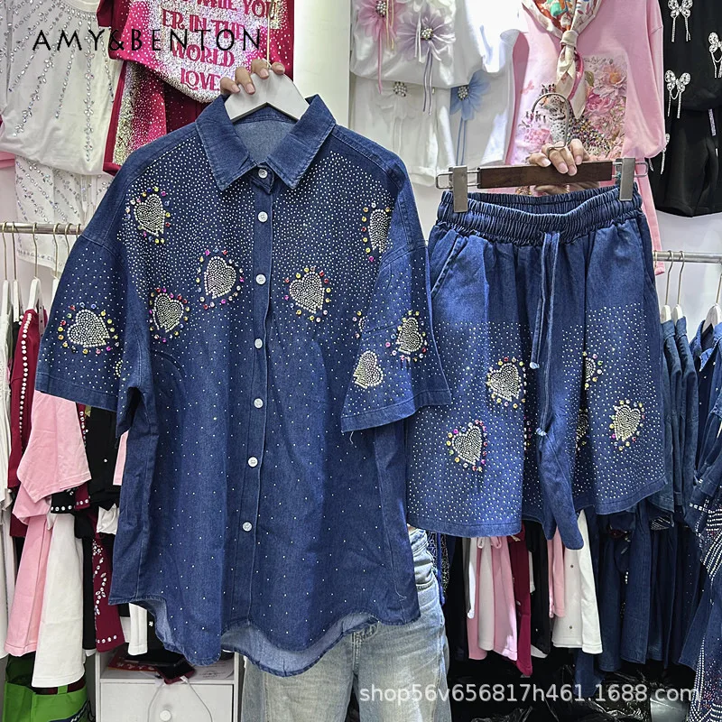 

Комплект из 2 предметов для женщин: джинсовая рубашка с коротким рукавом и широкие шорты на резинке для тяжелой промышленности (стиль Heavy Industry Diamond Drills)