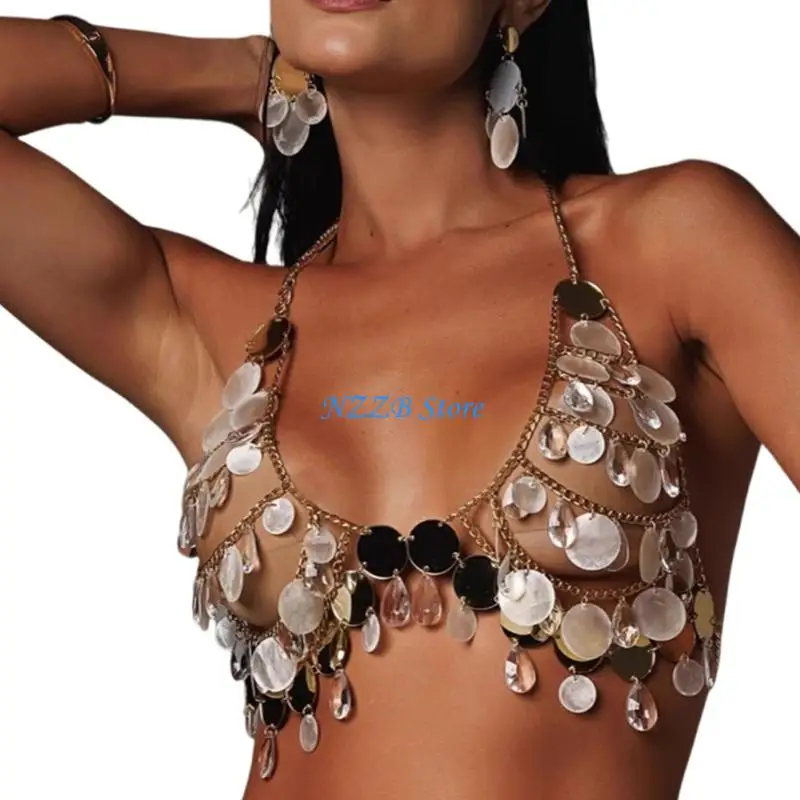 

T21F Sequins Tassels Halter Bra Body Jewelry Nightclub Festival Chest Chain