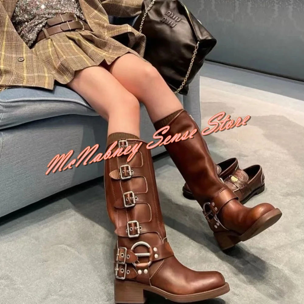 Retro Brown Chunky Heel Boots Metal Buckle Platform Knee High Boots Women Sexy Shoes Solid Leather New Style Winter Banquet Shoe