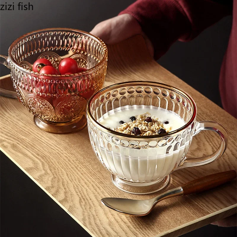 

Transparent Glass Coffee Cup Large Capacity Breakfast Cups Milk Mug Flower Tea Cup Water Cups Tea Mugs Fruit Bowl Dessert Bowl