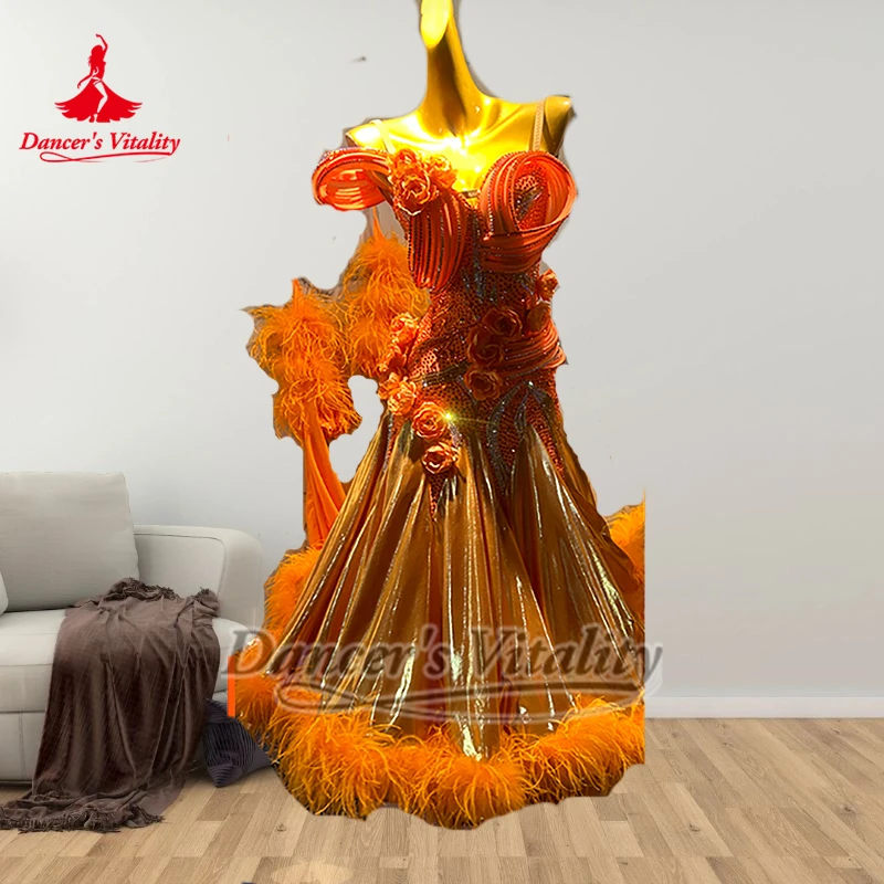 Orange valse Foxtrot stéréoscopique fleur plume ourlet inférieur grandes robes de balançoire pour adulte danseur vitalité vêtements de danse de salon
