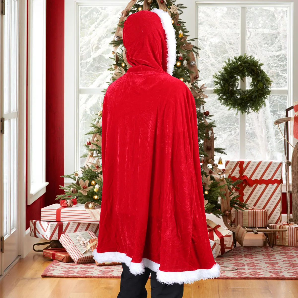 Red Cape Christmas Costume Warm Hooded Cosplay Cape Premium Corduroy Fabric Soft Comfortable Santa Claus Party Clothes