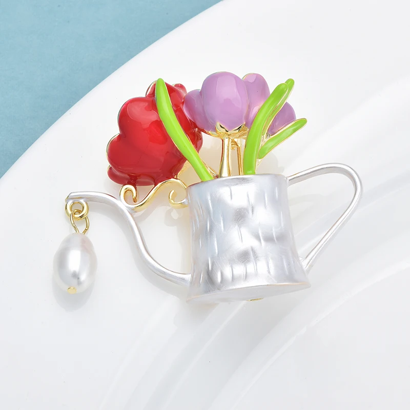 Wuli&baby Beauty Flower Watering Pot Brooches For Women Unisex High Quality Enamel Pearl Kettle Party Casual Brooch Pins Gifts