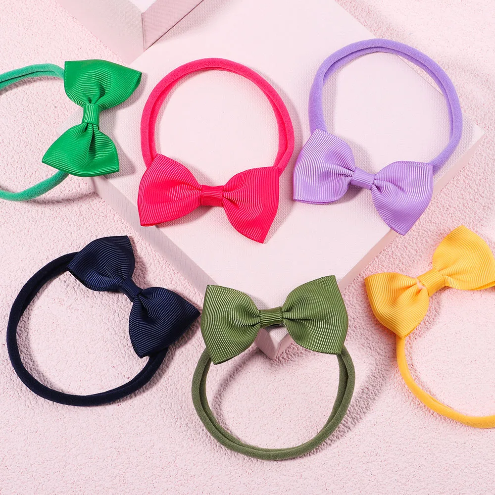 5Pcs/Set Solid Color Bowknot  Girls Elastic Headband for Baby Kids Grograin Ribbon Headwear Infant Hair Accessories Wholesale