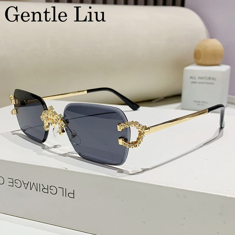 

Fashion Rimless Square Sunglasses Men 2025 Luxury Brand Retro Punk Metal Frame Rhinestone Eyewear UV400 Anti Blue Light Glasses