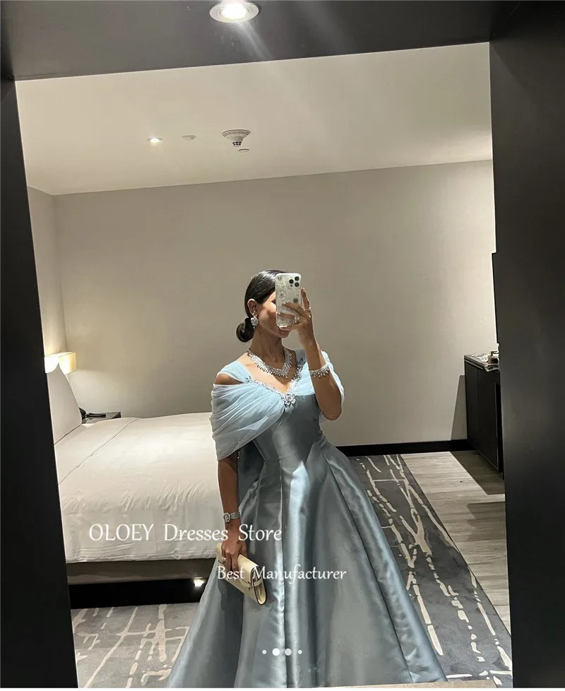 OLOEY Saudi Arabic Women Pale Satin Beads A Line Evening Dresses Cap Sleeves Tulle Satin Vintage Prom Gowns Formal Party Dress