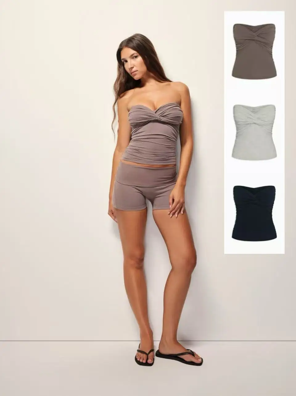 

KHY Kylie's same Cotton stretch series pleated strapless top, solid color slimming short vest