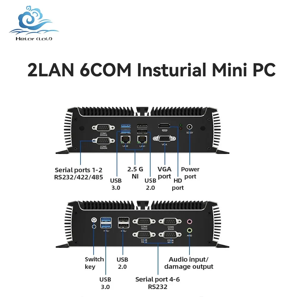 HelorPC-Fanless Industrial Mini PC, 2LAN6COM, 8 GB, 128 GB, DDR4 MSATS, Suporte Win10, 11 LINUX, Wi-Fi, Bluetooth, Computador Firewall Pfense