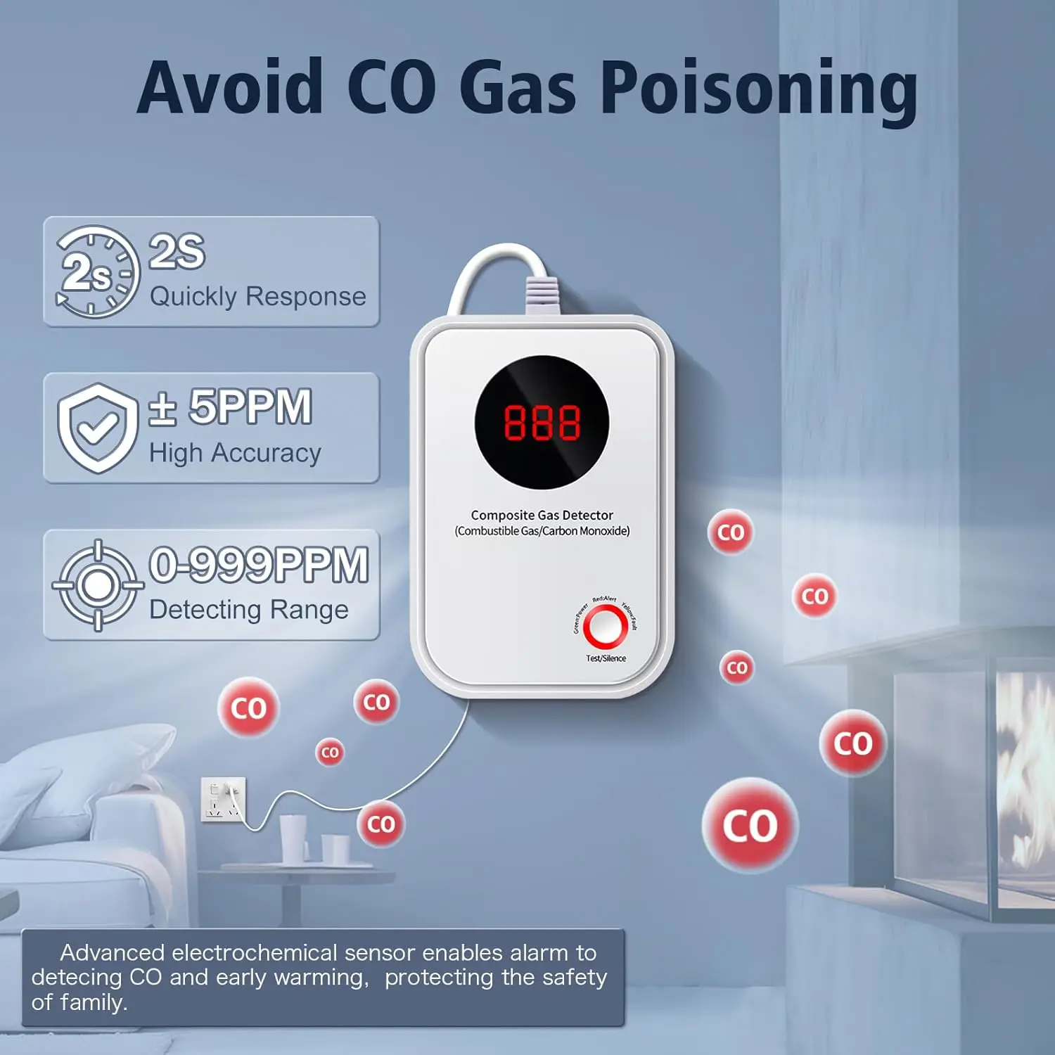 家庭用ガス検知器 - 天然ガス (CH4) および一酸化炭素 (CO) 警報器、音声アラート LCD ディスプレイ付き、壁掛け、プラグアンドプレイ