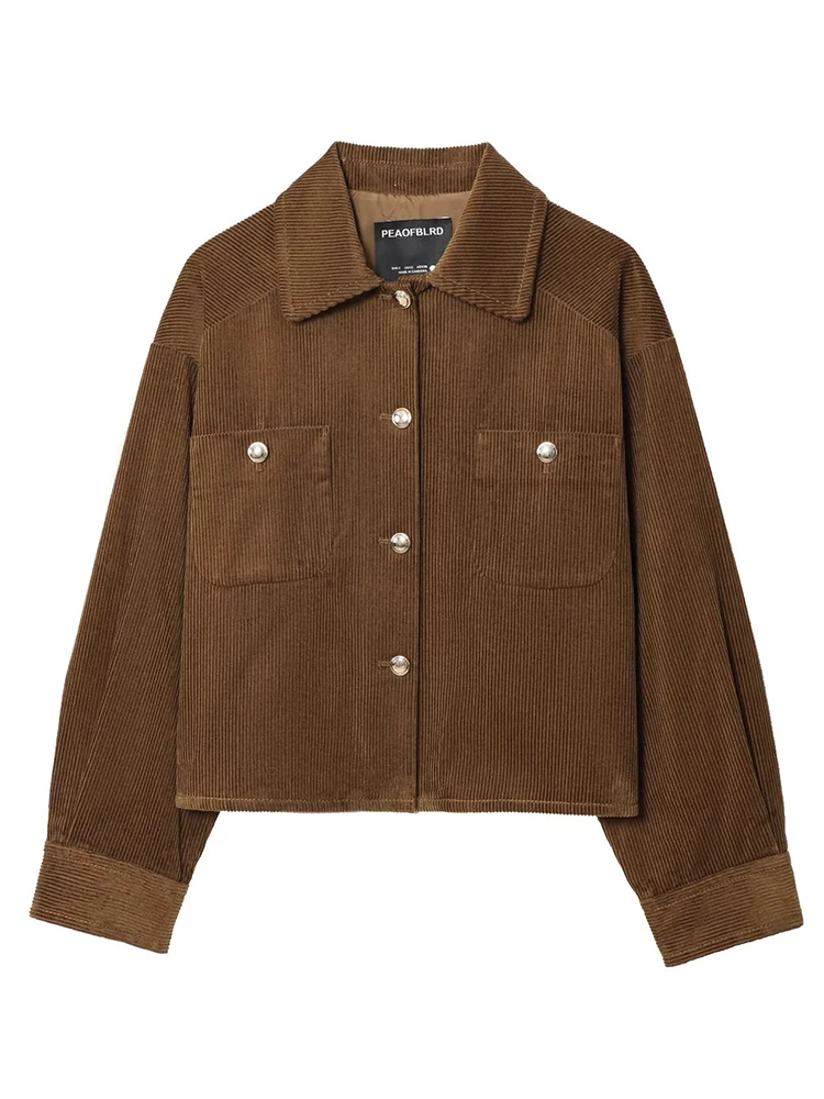 HH Women Brown Corduroy Jacket Fall 2026 Cropped Shacket Button Utility Pockets Relaxed Fit Casual Streetwear Work Outerwear