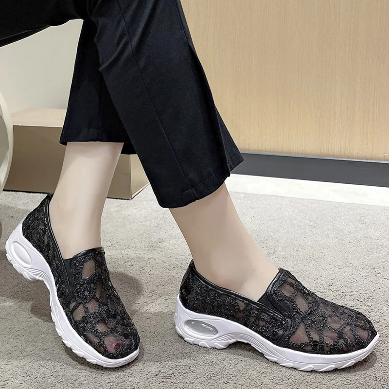 Air Coushion Loafers for Women Autumn 2024 Breathable Mesh Silver Glitter Casual Shoes Woman Slip On Platform Moccasins Plus 42