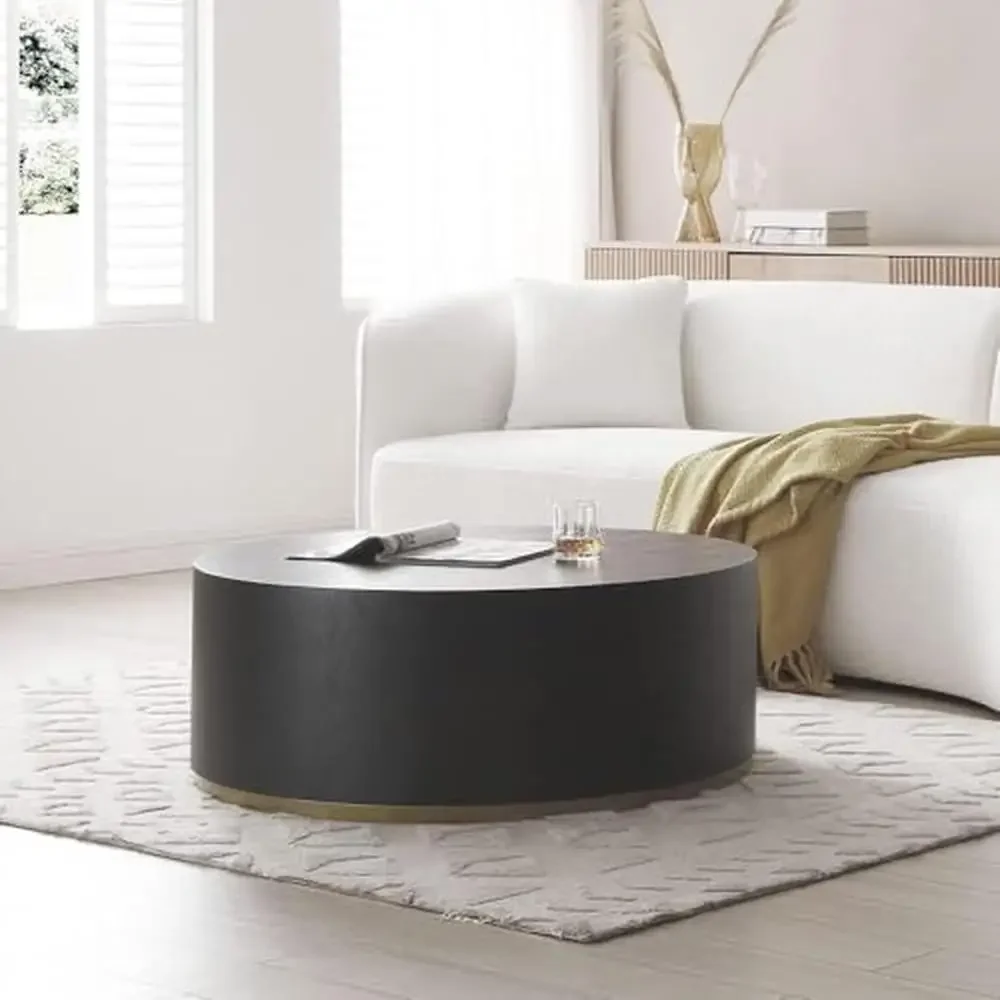 Round Wood Coffee Table Modern Black Gold Rim Living Room End Table 35.1