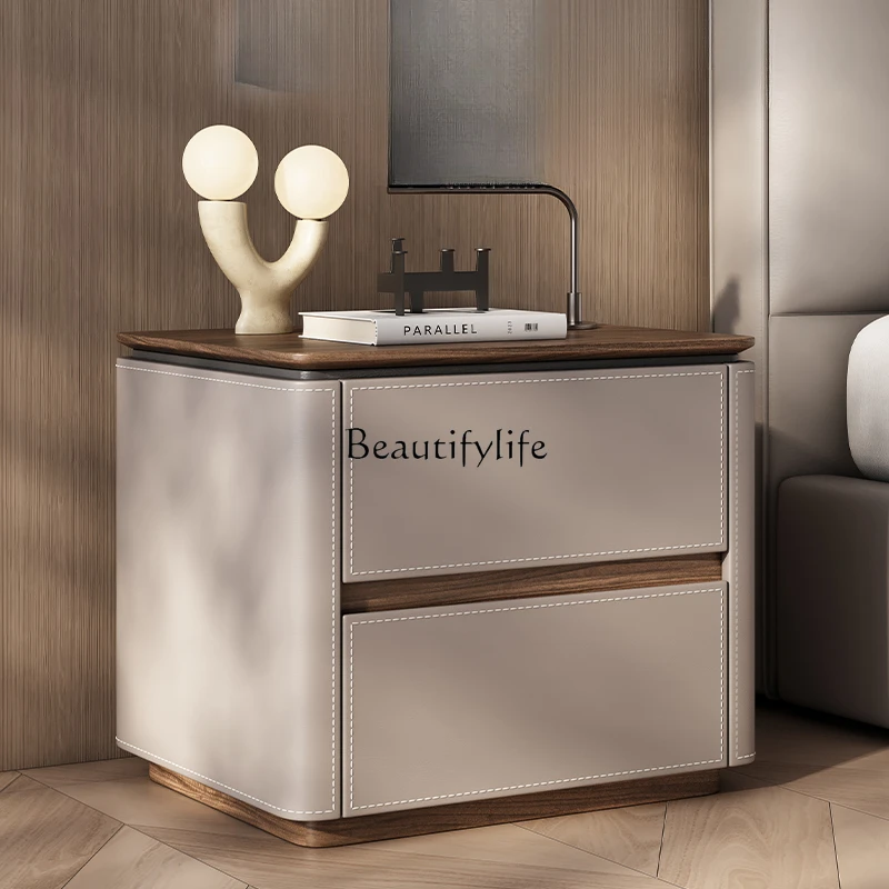 

Italian minimalist bedroom new light luxury modern simple solid wood saddle leather bedside table rack