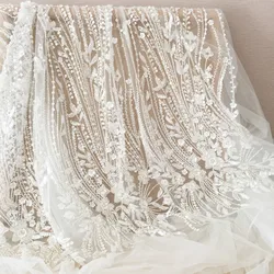 Embroidered Lace Fabric for Wedding Dress, 3D Flowers, Beaded Sequins, Small Flower Applique, RS4025