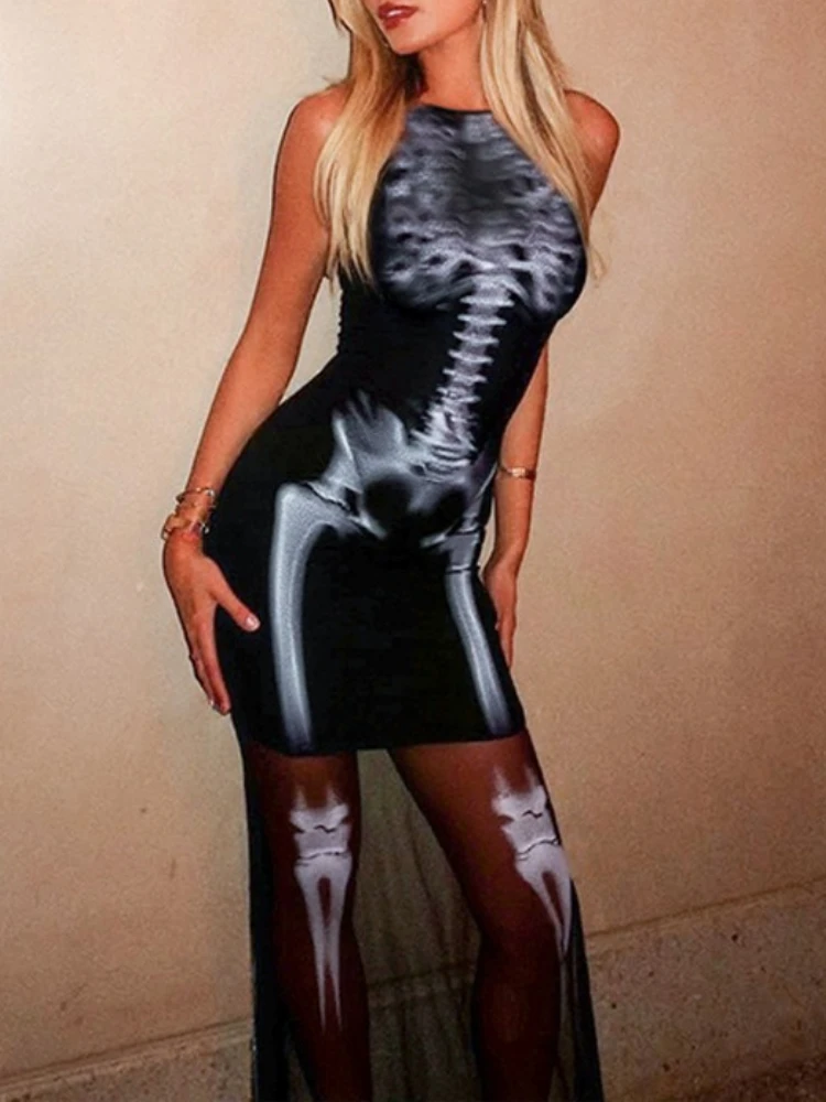 Bangniweigou Body Skeleton Print Crew Neck Mesh Dress Fashion Black Tank Robe