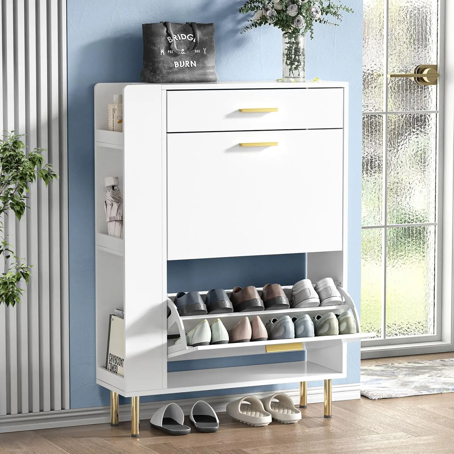 Shoe Storage Cabinet with 2 Flip Drawers, Modern Freestanding Shoe Rack Storage Organizer Cabinet with Drawers