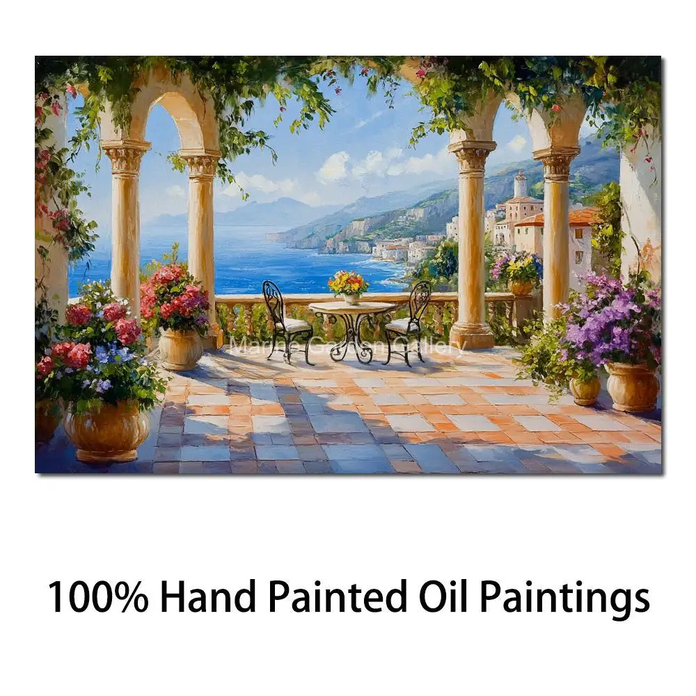 

Mediterranean Landscape Canvas Art Handmade Oil Painting Balcony View Contemporary Seascape Artwork Living Room Home Decor Large