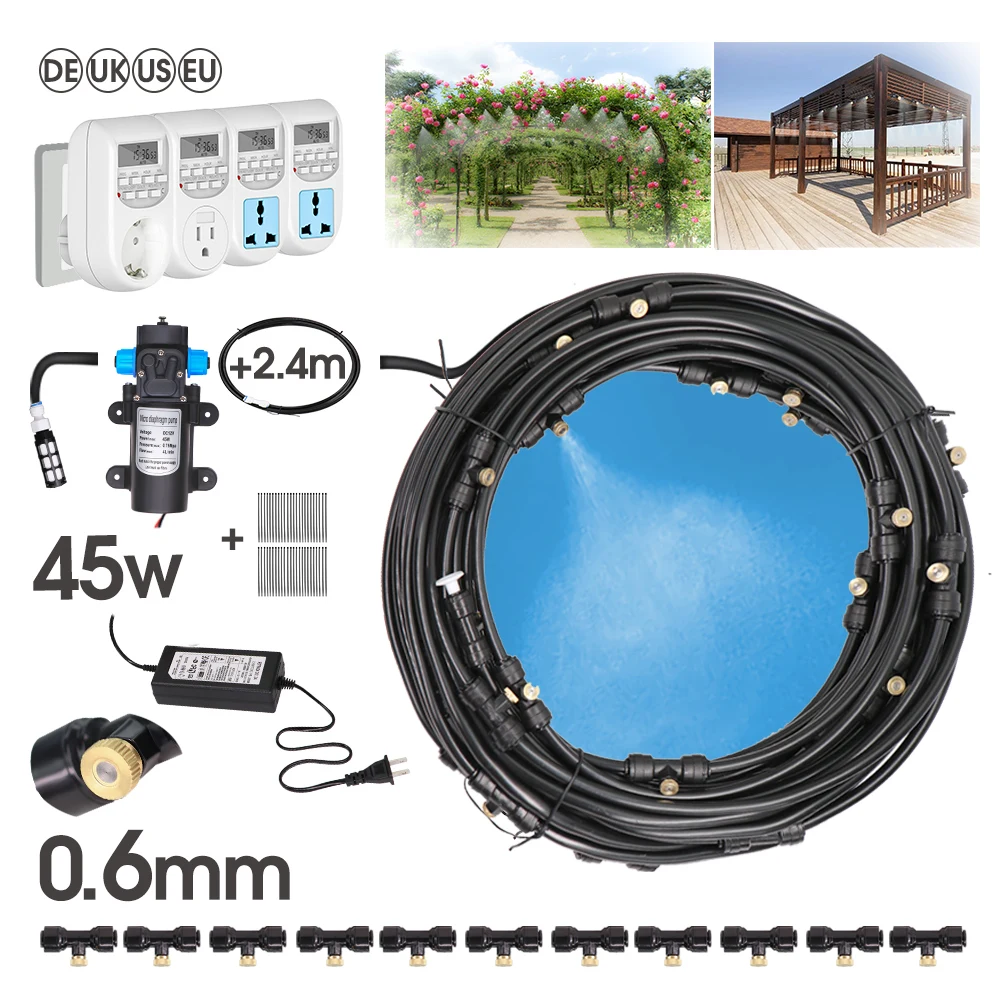 

45W 0.6MM Garden Watering Irrigation Cooling System Automatic Timer Controller Brass Nozzles 1/4 Inch PE Hose Free-Installation