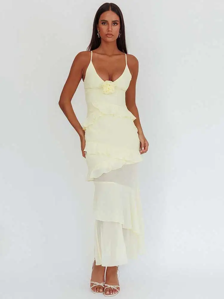 

GACVGA Spaghetti Strap Ruffle Sexy Maxi Dress Women Elegant 3D Rose Sleeveless Backless Sexy Bodycon Club Party Long Dress