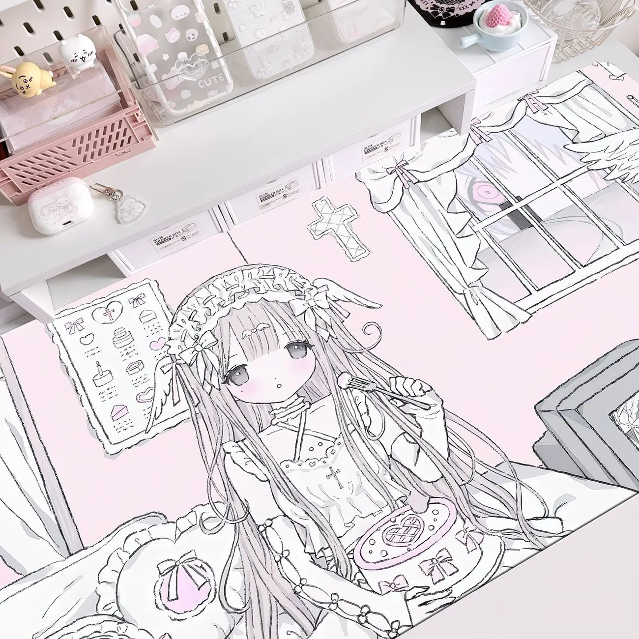 Leather PU Desk Pad Protector Korean Ins Anime Angel Pink Cross Girl Y2K Mouse Pad Office Waterproof Non-Slip Desk Blotter Pad