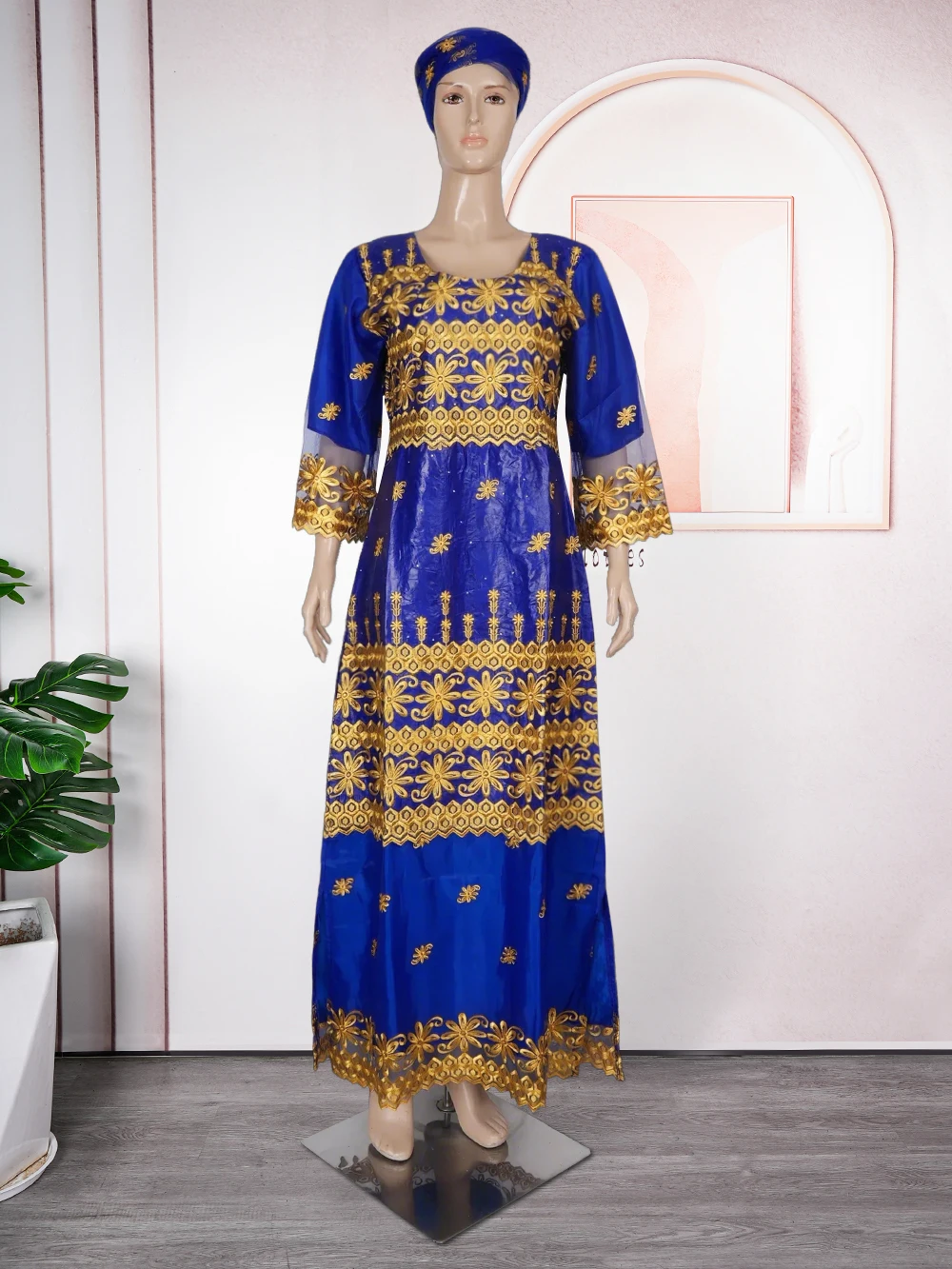 H&D Women Traditional African Dresses Bazin High Quality Embroidery Dresses Blue Traditional Dress for Wedding Party Occasions