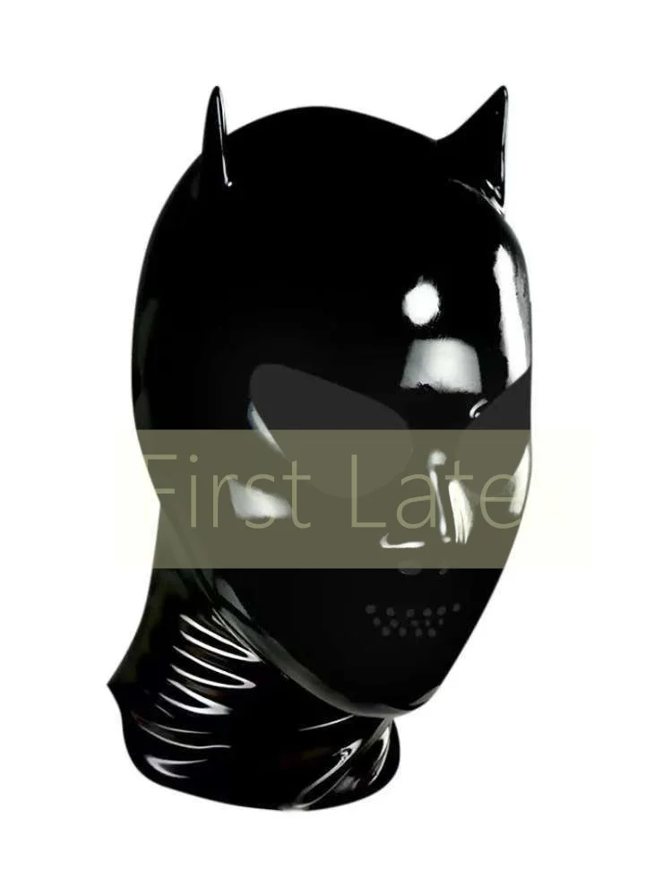 

100% Natural Latex Full covered Head Hood with Cat Ear Rubber Mask Open Eyes Noses Mesh Mouth Halloween Headgear Back Zipper