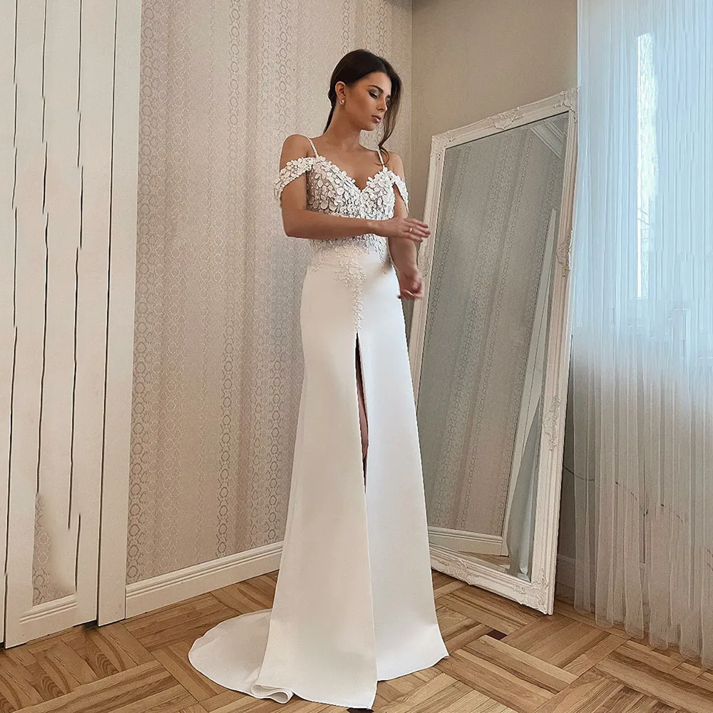 Msikoods Elegant Wedding Gowns For Women Bodycon Beach Side Split Matte Satin Bridal Dress 3D Flower Off The Shoulder Bride Gown