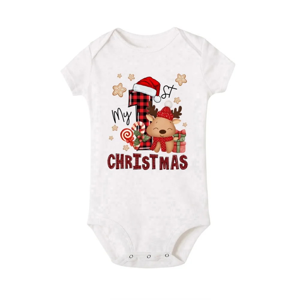 My First Christmas&deer Print Baby Romper Casual Short Sleeve Infant Bodysuit Round Neck Fashion Newborn Jumpsuit Christmas Gift