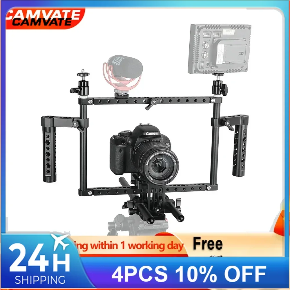 CAMVATE Full Frame DSLR Camera Cage Rig With Adjustable Dual Cheese Handgrip15mm Rod Support System Manfrotto Quick Release Plat