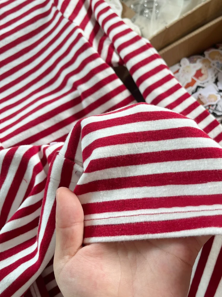 الأحمر مخطط كم طويل تي شيرت المرأة طاقم الرقبة واحدة الصدر سترة تي شيرت الخريف Vintage عادية الحلو سليم القمم تيز