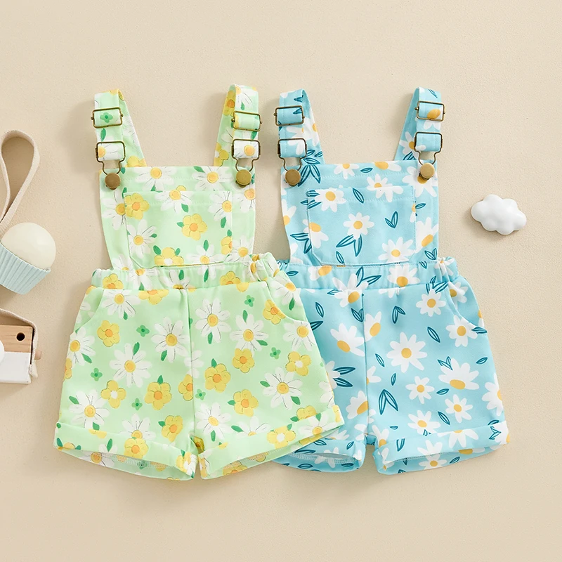 

Tregren Little Girls Suspender Jumpsuit Floral Print Pocket Front Sleeveless Kids Overalls Shorts Summer Toddler Playsuits