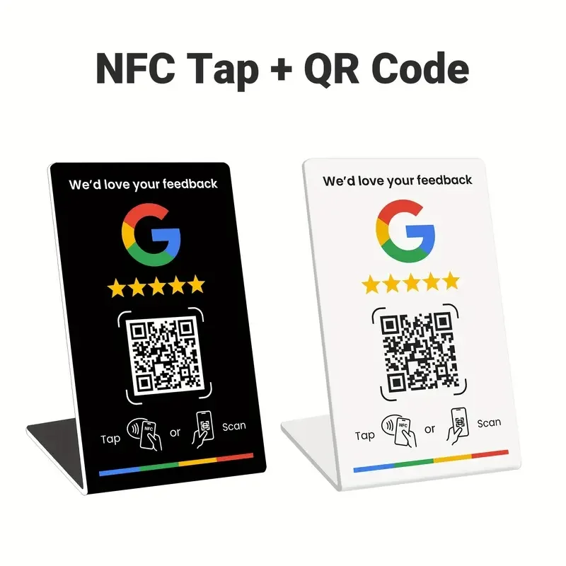 Tarjeta de revisión de Google con código QR programable de 13,56 Mhz, mesa de estación NFC, visualización de reseñas de Google, soporte de pie para tarjeta doblada