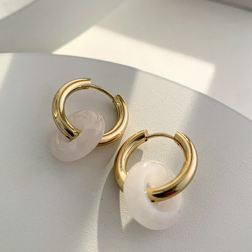 Charm Natural Stone Round Donuts Beads Gold plated Hoop Huggie Earrings for Women Statement Stainless Steel Hoops New Trend