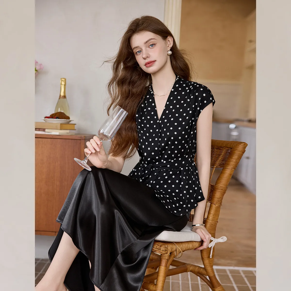 LOUIS YAO Retro Polka Dot V Neck Two Piece Set 2026 Summer Hidden Buttons Waist Tie Back Smocked Relax Fit Women Outfit