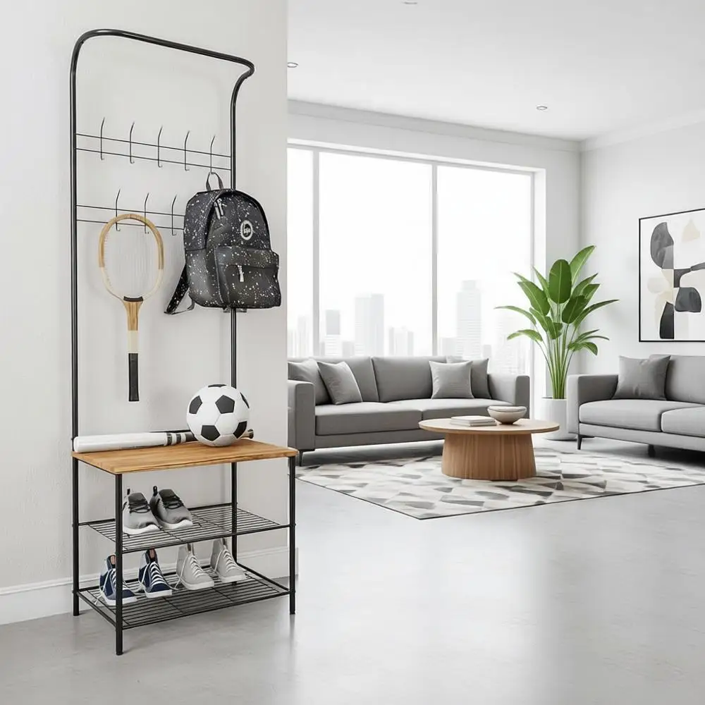 

Металлическая скамья для прихожей с вешалкой, сиденьем, крючками и местом для хранения обуви - мебель для прихожей в деревенском стиле