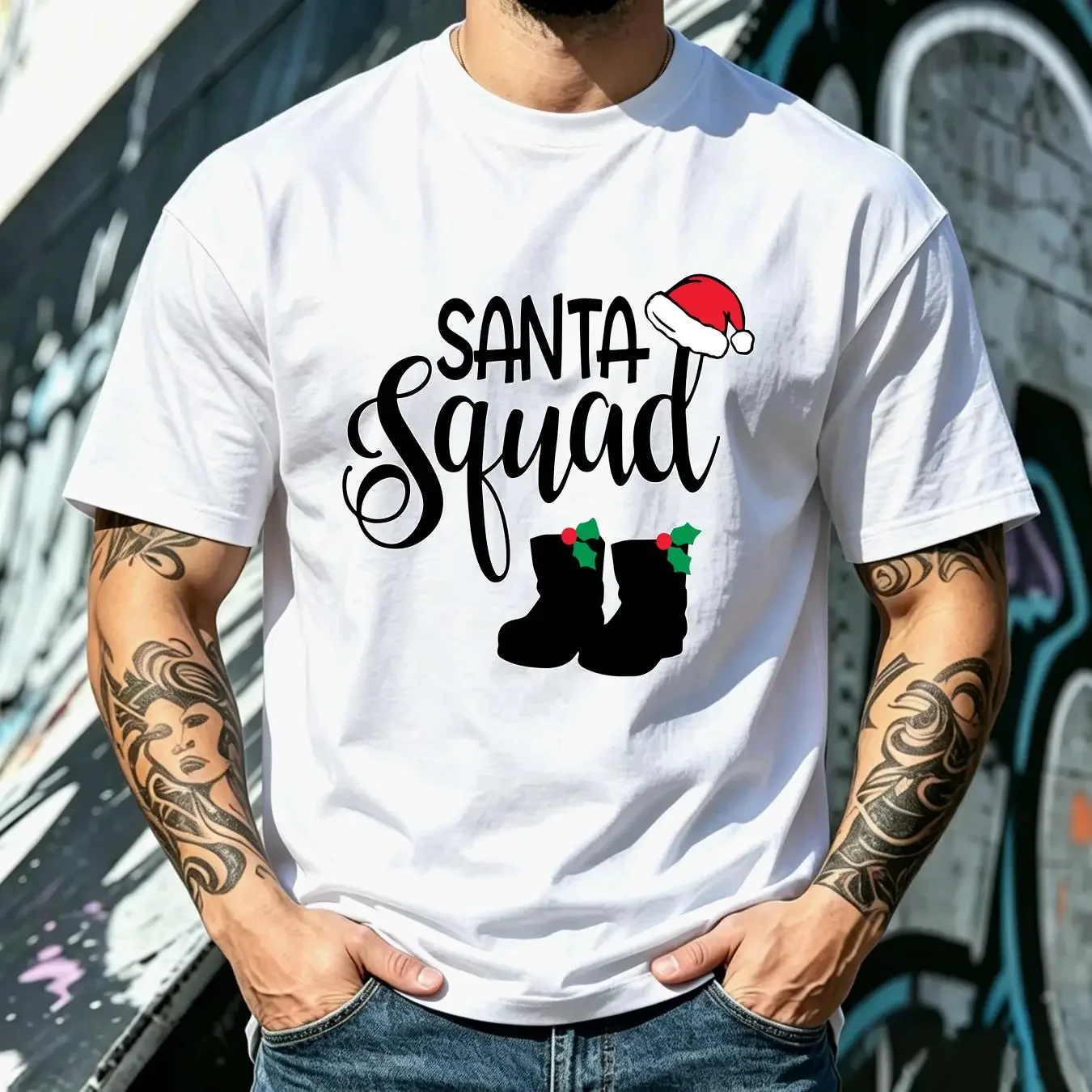 washed T Shirt Santa Squad Christmas festive Mens secret holiday xmas gift vintage Washed Breathable fashion Slightly Versatile
