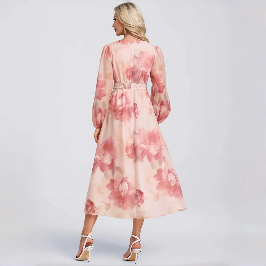 Women Burgundy Midi Dress V Neck Puff Long Sleeve Waist Button A Line Flowy Dress Christmas Holiday Wedding Guest Dresses